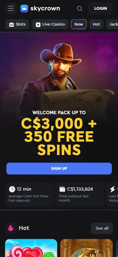 Skycrown Casino mobile browser interface on a phone